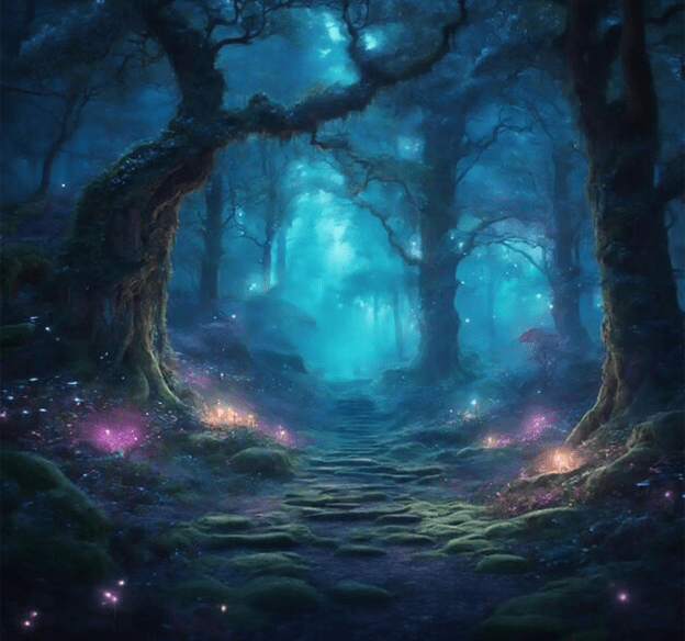 A mystical forest illuminated by glowing trees and swarming fireflies, creating an enchanting atmosphere.
